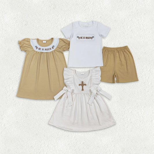 RTS Sibling Baby Boys Girls Short Sleeves Embroidery He is Risen Cross Easter Romper Dress Set