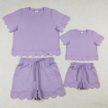 RTS Sibling Baby Girls Adult Women Short Sleeves Purple Cotton Shirts Shorts Scallop Sets Summer Clothes