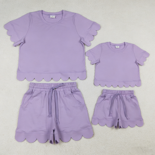 RTS Sibling Baby Girls Adult Women Short Sleeves Purple Cotton Shirts Shorts Scallop Sets Summer Clothes