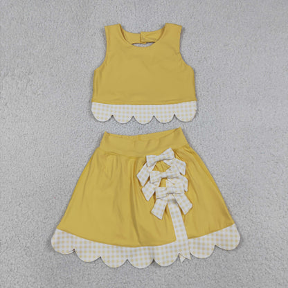 Baby Girls Yellow Sleeveless Tops Bows Skirt Shorts Yoga Clothes Set