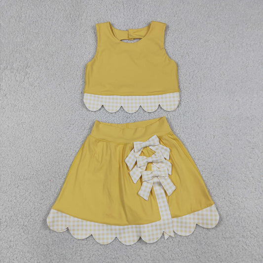 Baby Girls Yellow Sleeveless Tops Bows Skirt Shorts Yoga Clothes Set