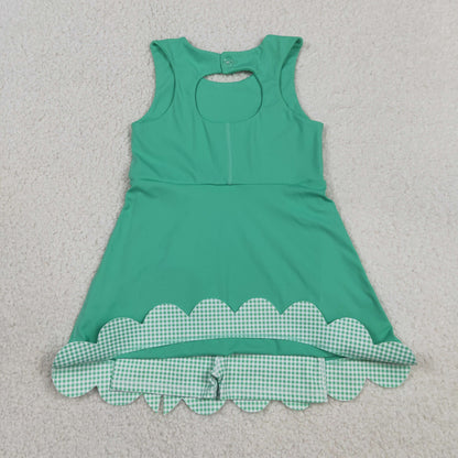 Sibling Baby Girls Kids Green Plaid Bows Skort Yoga Active Dress Set Scallop Clothes