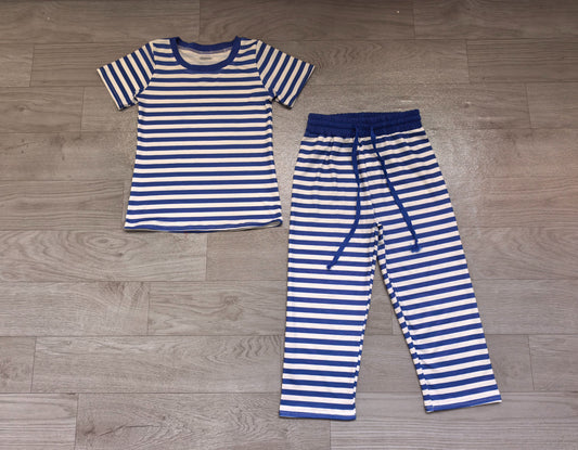 No moq Preorder Baby Girls Kids Short Sleeves Blue Stripes Shirt Pants Pajamas Set Clothes