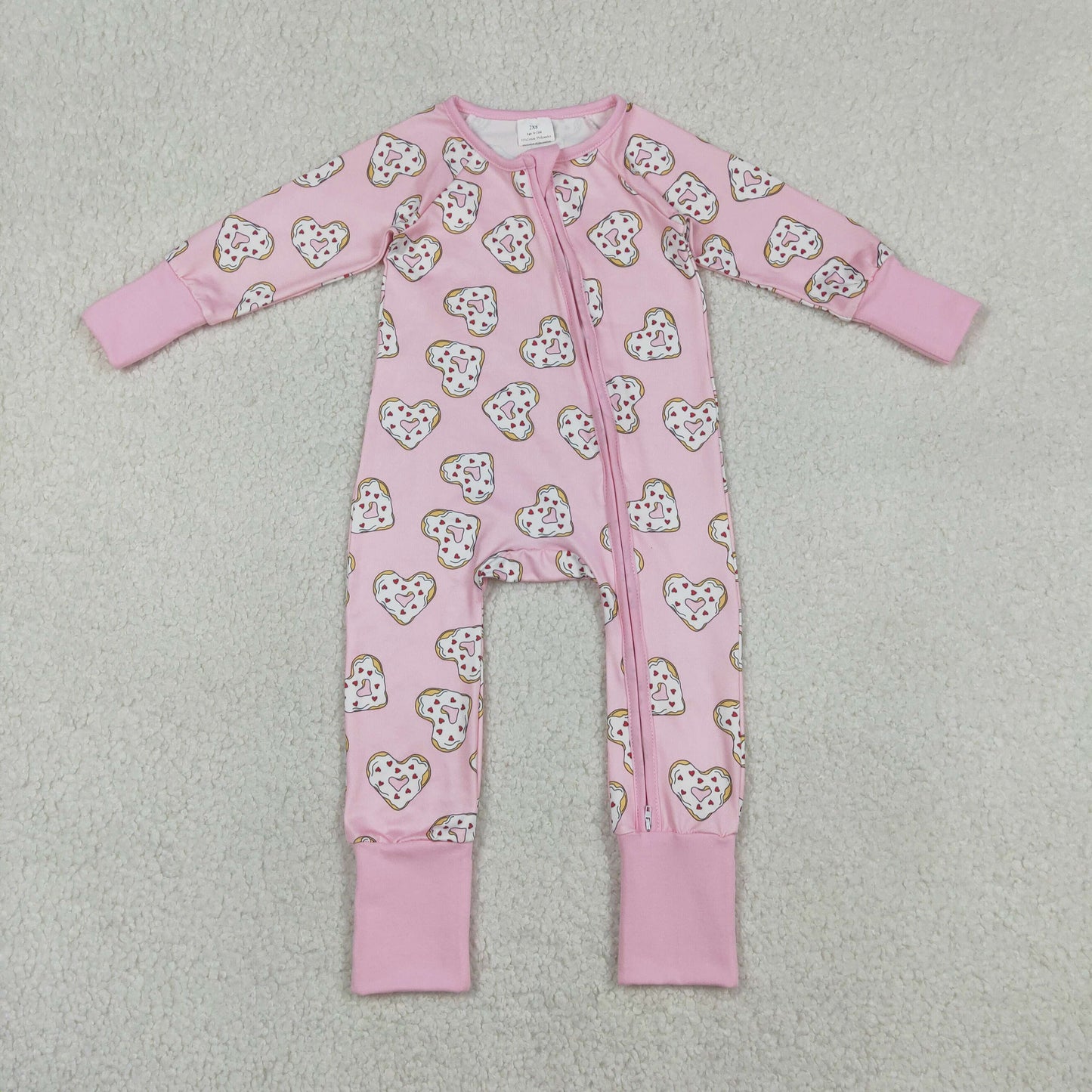 Baby Girls Long Sleeves Donuts Hearts Pink Zipper Valentines Sleeper Romper