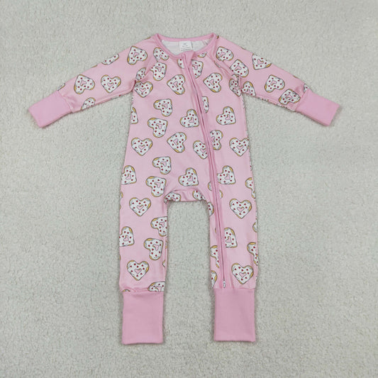 Baby Girls Long Sleeves Donuts Hearts Pink Zipper Valentines Sleeper Romper