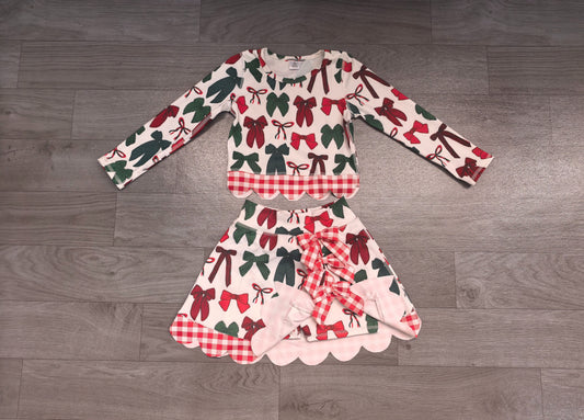 No moq Preorder Baby Girls Kids Christmas Bows Shirt Scallop Skirt Shorts Yoga Active Set Clothes