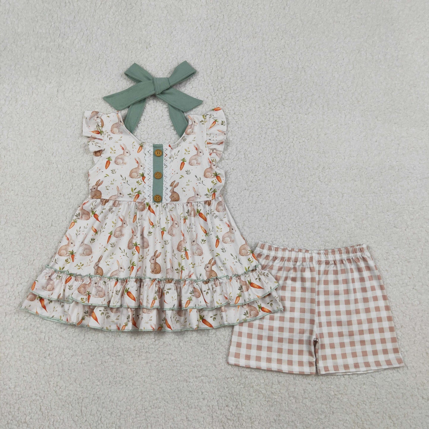 RTS Baby Girls Kids Carrots Rabbits Buttons Tunic Plaid Shorts Easter Clothes Set
