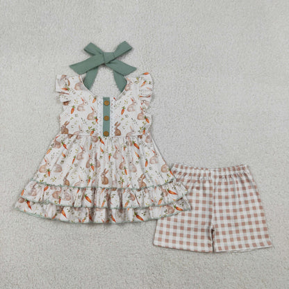 RTS Baby Girls Kids Carrots Rabbits Buttons Tunic Plaid Shorts Easter Clothes Set