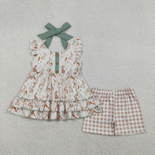RTS Baby Girls Kids Carrots Rabbits Buttons Tunic Plaid Shorts Easter Clothes Set