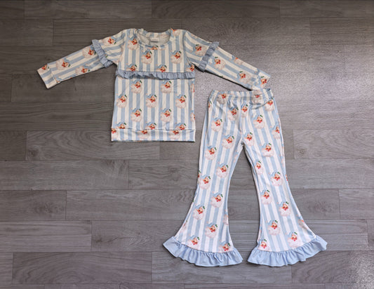 No moq Preorder Baby Girls Kids Christmas Santa Blue Ruffle Shirt Bell Pants Set Clothes