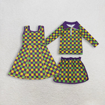 Sibling Baby Girls Kids Mardi Gras Checked Yoga Active Shorts Dress Set