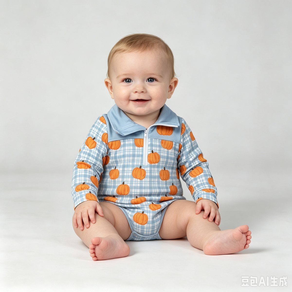 Baby Boys Kids Long Sleeves Pumpkins Blue Plaid Zipper Bubble Romper Fall Clothes