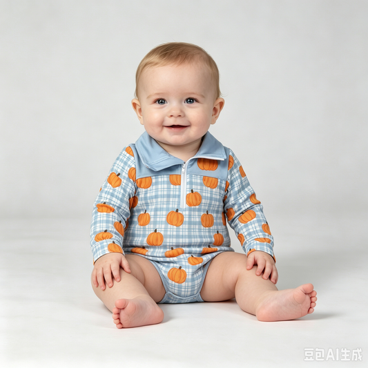 Baby Boys Kids Long Sleeves Pumpkins Blue Plaid Zipper Bubble Romper Fall Clothes