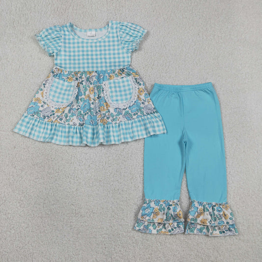 Baby Girls Kids Short Sleeves Flower Pockets Plaid Tunic Ruffle Blue Pants Clothes Set