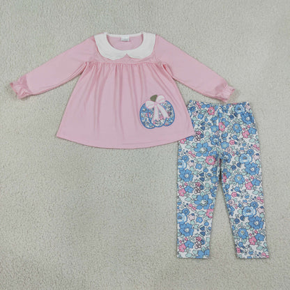 Sibling Baby Girls Kids Embroidery Thanksgiving Pumpkins Bows Flower Romper Set Fall Clothes
