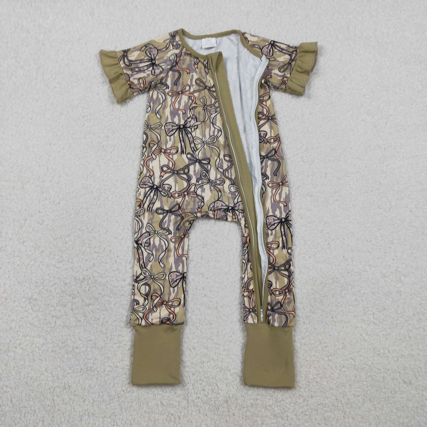 RTS Baby Girls Kids Short Sleeves Camo Bows Zipper Sleeper Footie Romper