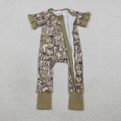 RTS Baby Girls Kids Short Sleeves Camo Bows Zipper Sleeper Footie Romper