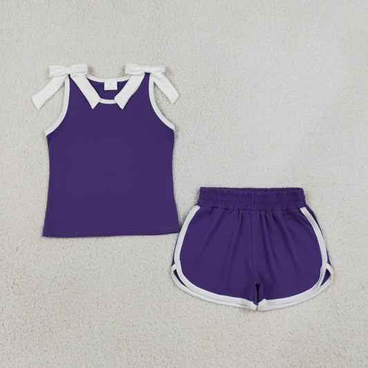 Baby Girls Kids White Trim Sleeveless Bows Shirt Shorts Purple Set Summer Clothes