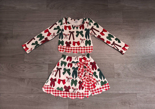 No moq Preorder Baby Girls Kids Christmas Bows Shirt Scallop Skirt Shorts Yoga Active Set Clothes