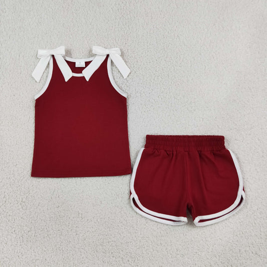 Baby Girls Kids Sleeveless Bows Shirt Shorts Dark Red Set Summer Clothes