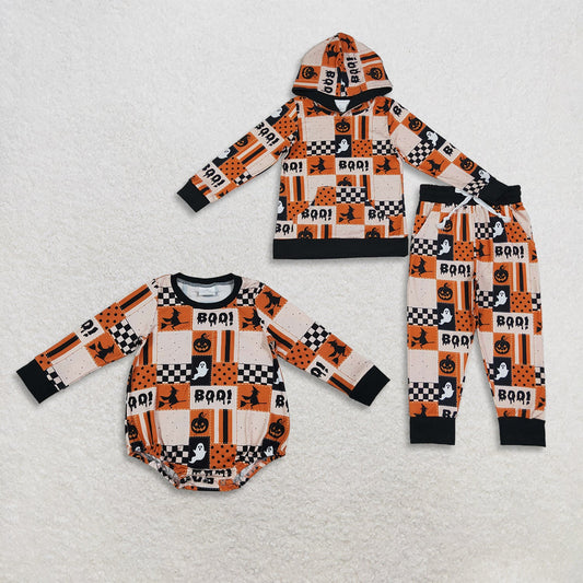 Sibling Baby Boys Kids Halloween Pumpkins Ghosts Plaid Romper Hoodie Set Clothes