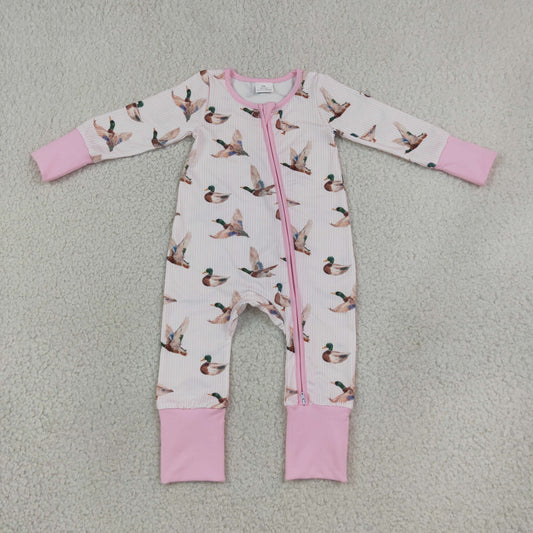 Baby Kids Infant Long Sleeves Ducks Pink Stripes Zipper Footie Sleeper Romper Clothes