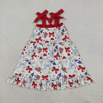 Baby Girls Kids Sleeveless Purple Bows Flags 4th of July Knee Length Dress