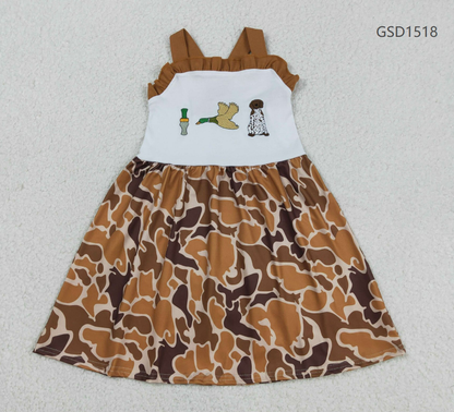 Baby Girl Sleeveless Embroidery Duck Call Dog Camo Knee Length Dress RTS