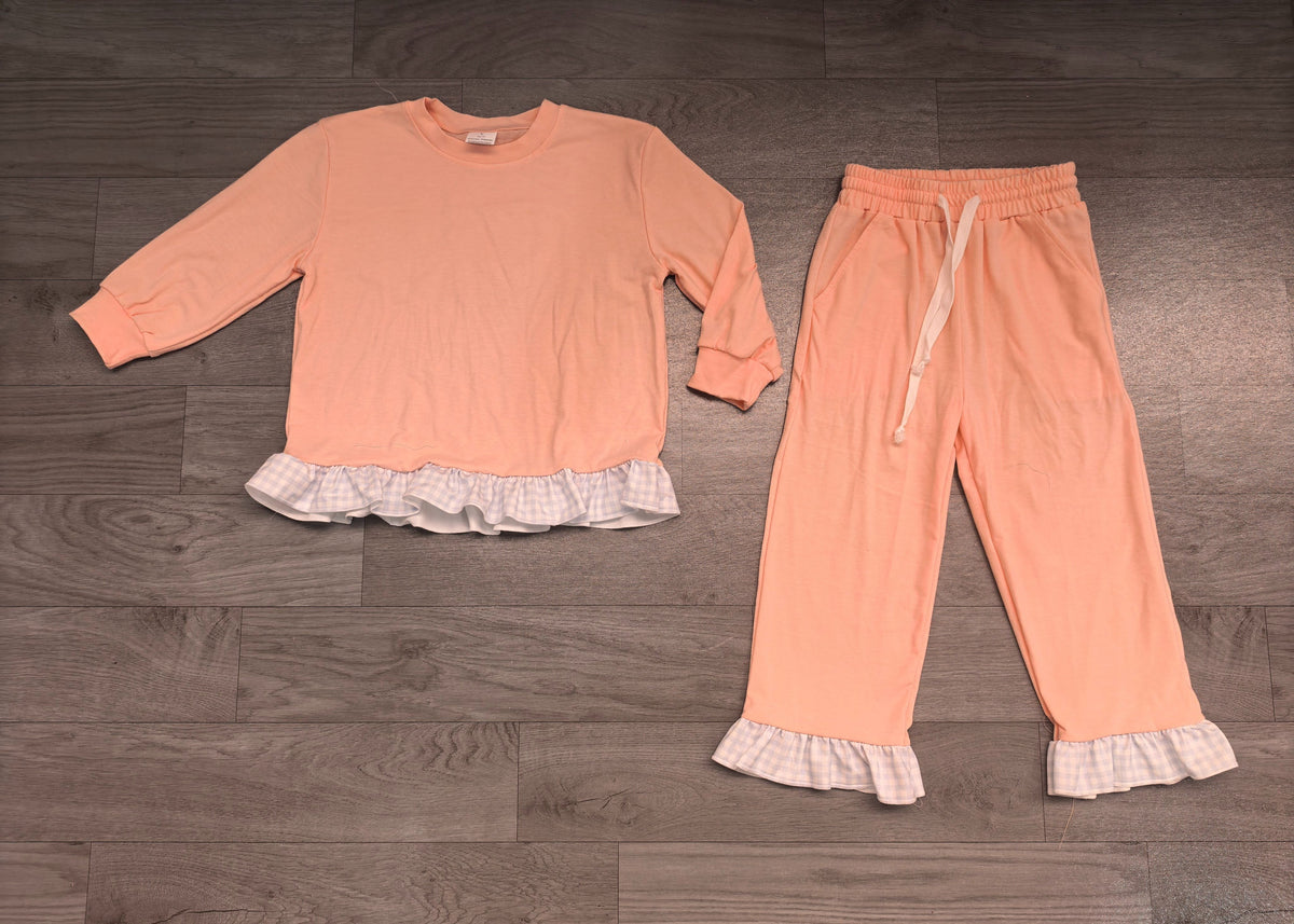No moq Preorder Baby Girls Kids Long Sleeves Ruffle Shirt Pants Light Pink Set Cotton Clothes