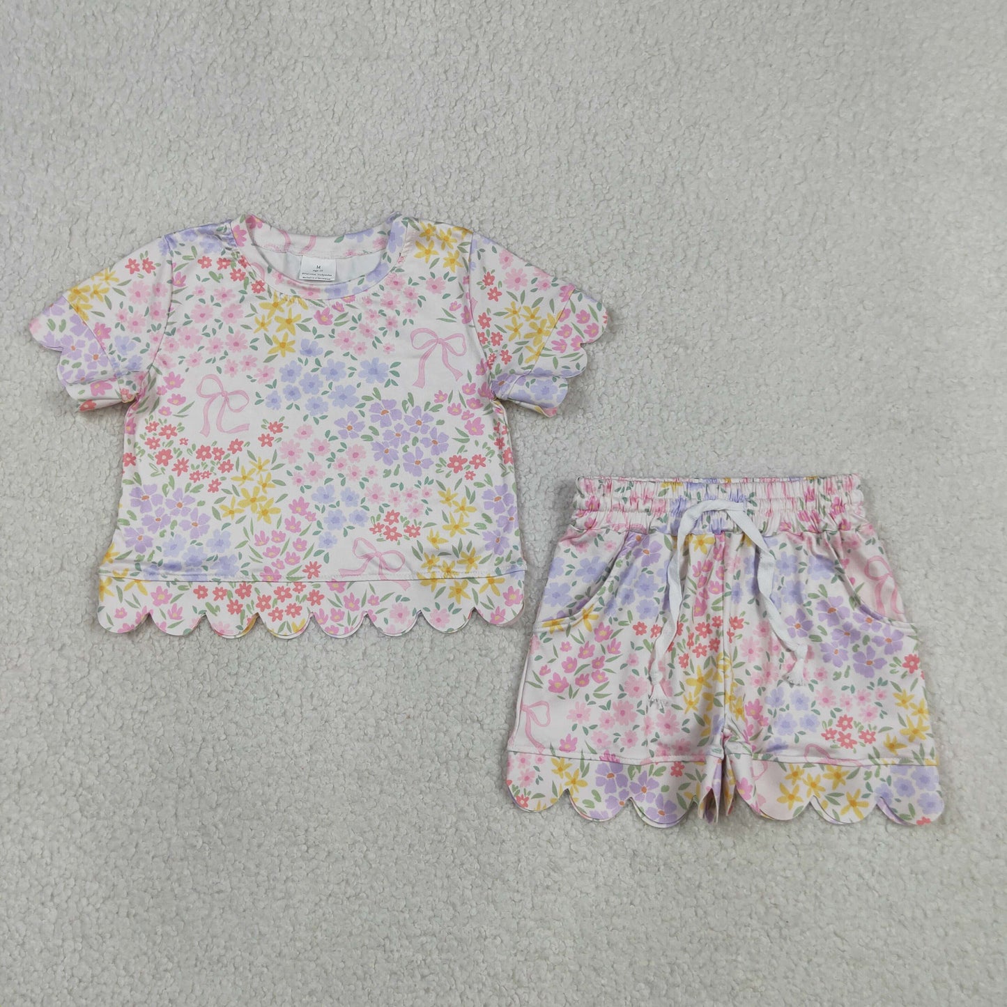 Baby Girls Kids Short Sleeves Bows Floral Shirt Scallop Shorts Summer Set