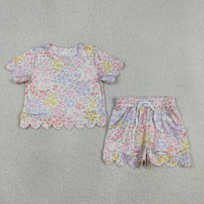 Baby Girls Kids Short Sleeves Bows Floral Shirt Scallop Shorts Summer Set