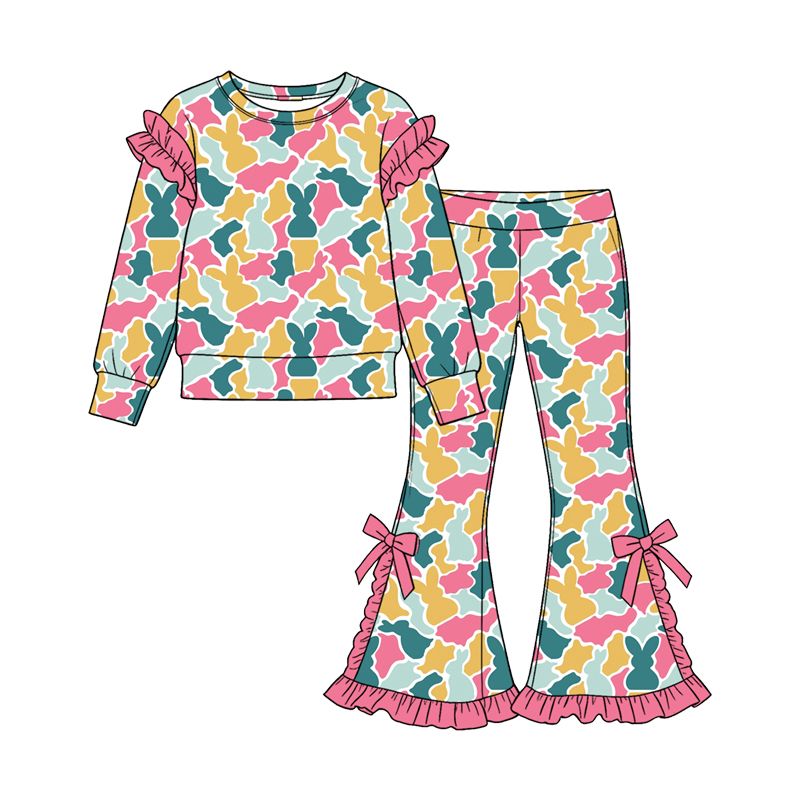 Moq 5 Preorder Baby Girls Kids Long Sleeves Rabbits Camo Tops Bows Pants Set Easter Clothes