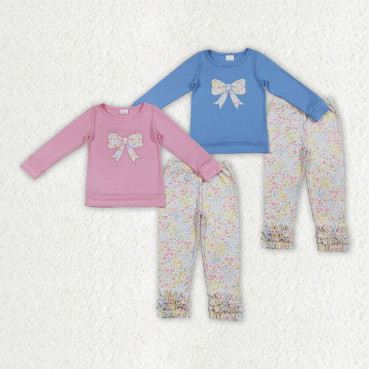 RTS Sibling Baby Girls Kids Long Sleeves Embroidery Bow Shirts Floral Ruffle Pants Sets