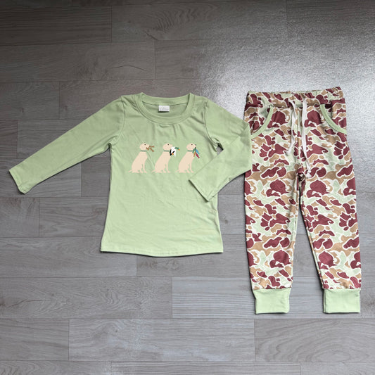 No moq Preorder Baby Boys Kids Embroidery Dogs Ducks Shirt Pockets Camo Pants Set Clothes