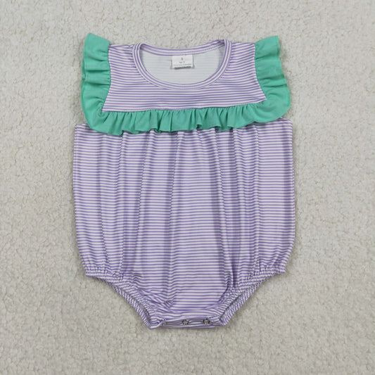 RTS Baby Girls Infant Purple Stripes Summer Ruffle Bubble Romper