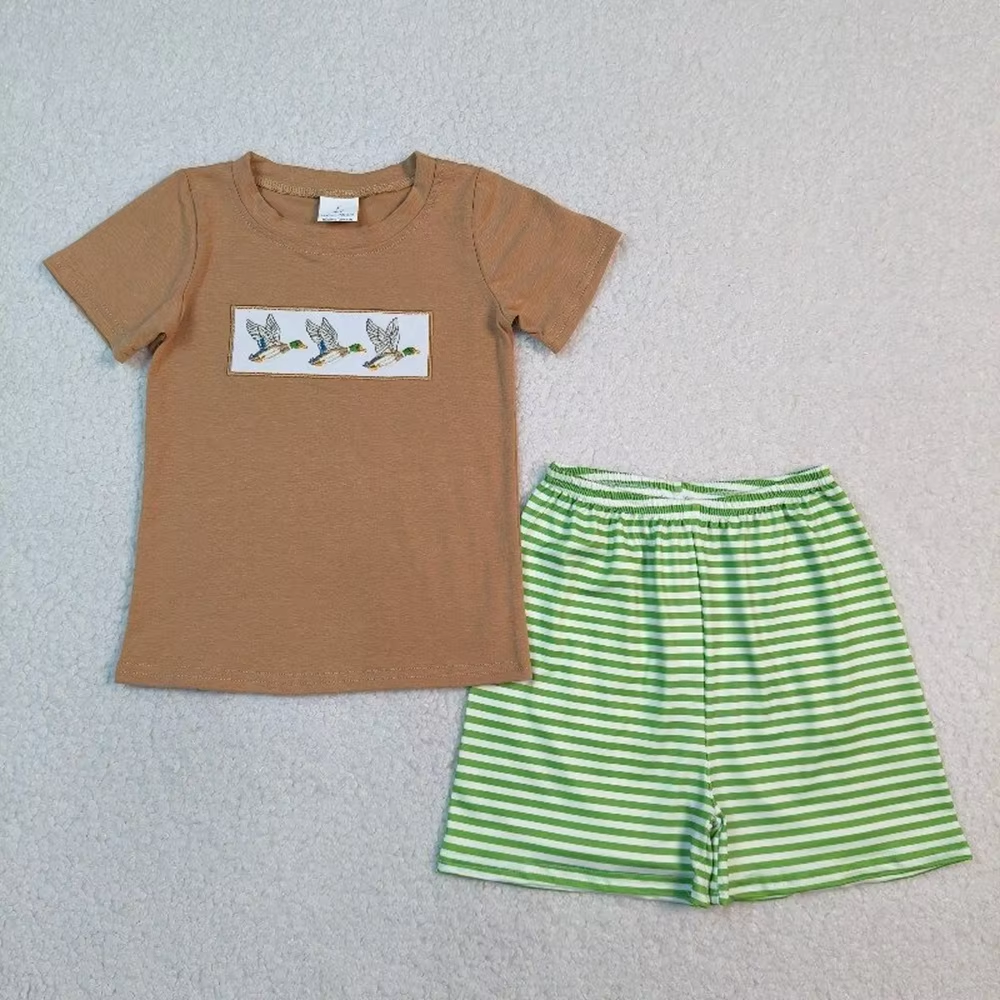 Baby Boys Kids Short Sleeves Embroidery Ducks Shirt Green Stripes Shorts Set