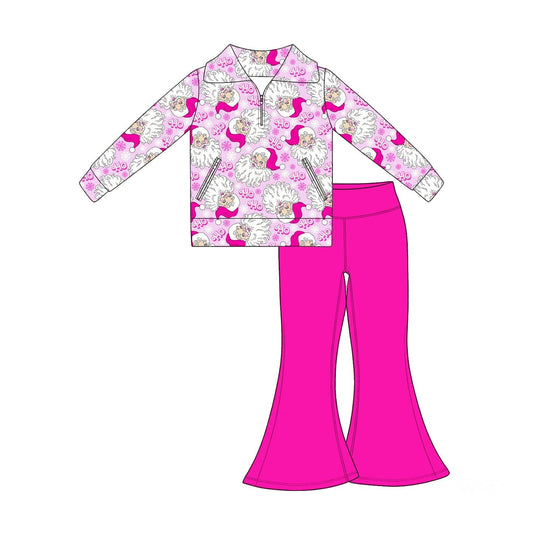 Moq 5 Preorder Baby Girls Kids Christmas Santa Zipper Pockets Tops Pants Set Pink Clothes