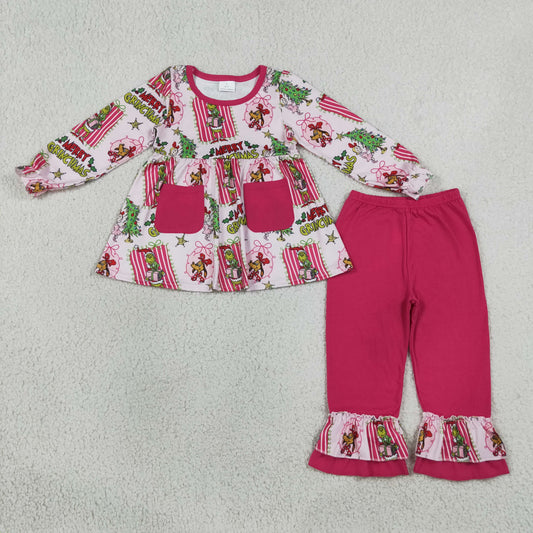 Baby Girl Kids Christmas Face Bows Pockets Tunic Pink Pants Set Clothes