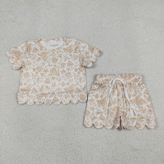 Baby Girls Kids Short Sleeves Beach Shirt Scallop Shorts Set Clothes