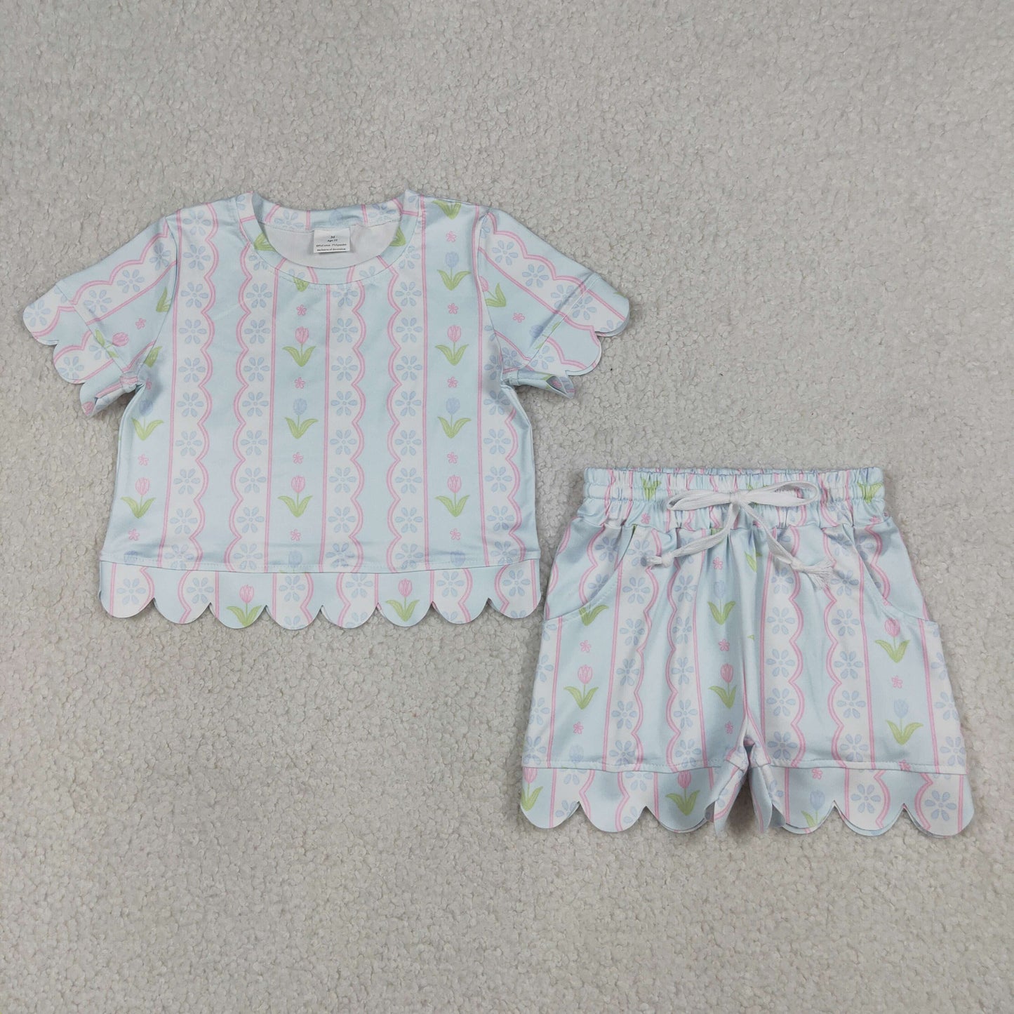 RTS Baby Girls Kids Short Sleeves Flower Shirt Scallop Scallop Shorts Summer Set