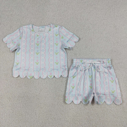 RTS Baby Girls Kids Short Sleeves Flower Shirt Scallop Scallop Shorts Summer Set