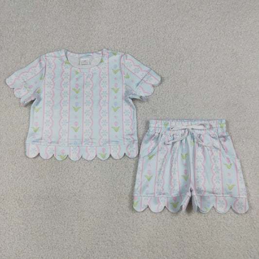RTS Baby Girls Kids Short Sleeves Flower Shirt Scallop Scallop Shorts Summer Set