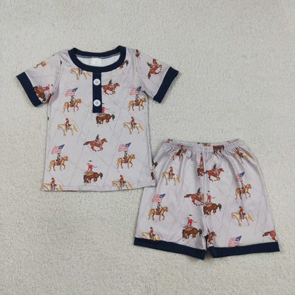 Baby Boys Kids Short Sleeves Shirt Western Rodeo Shorts July 4th Pajamas Set