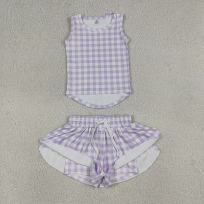 RTS Baby Girls Kids Sleeveless Lavender Plaid Tops Shorts Set Yoga Clothes