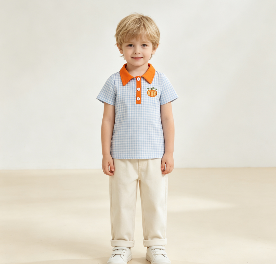 Baby Boys Kids Embroidery Pumpkin Blue Plaid Buttons Shirt Kids Thanksgiving Clothes