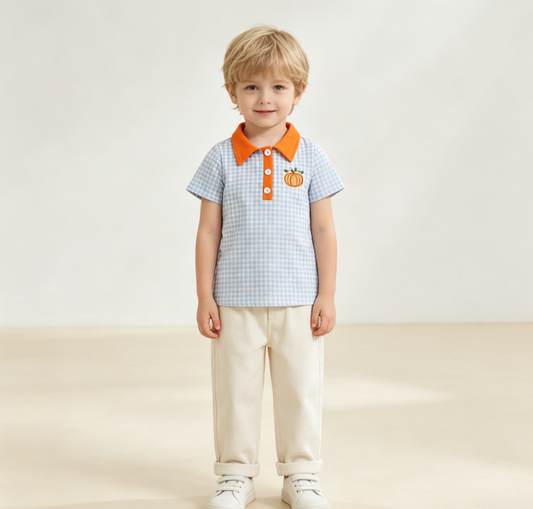 Baby Boys Kids Embroidery Pumpkin Blue Plaid Buttons Shirt Kids Thanksgiving Clothes