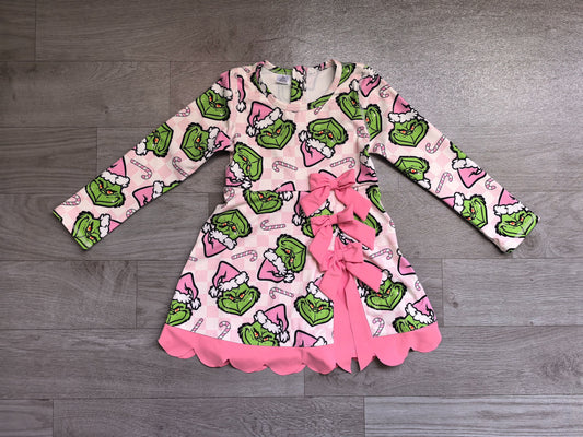 No moq Preorder Baby Girls Kids Long Sleeves Christmas Green Face Bows Scallop Dress Yoga Active Clothes