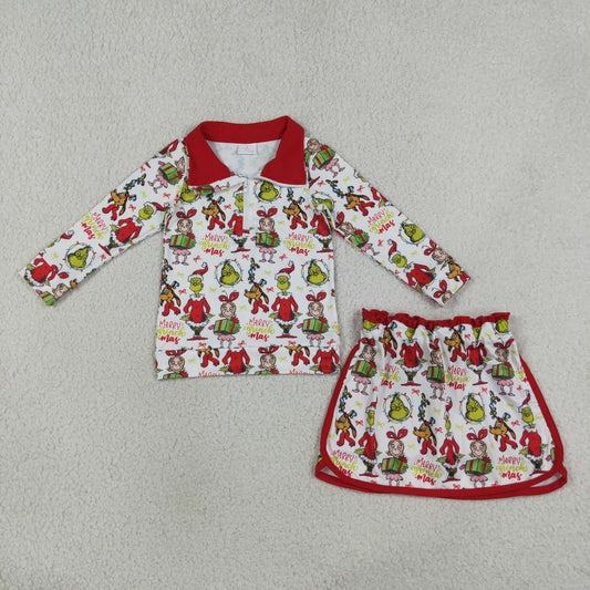 Baby Girls Kids Long Sleeves Green Face Zipper Shirt Skirt Shorts Christmas Set Clothes