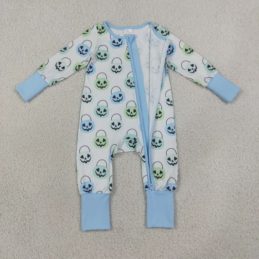 Baby Boy Long Sleeves Pumpkins Baskets Halloween Zipper Romper