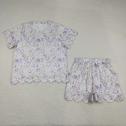 Adult Women Short Sleeves Purple Flower Shirt Shorts Clothes Set